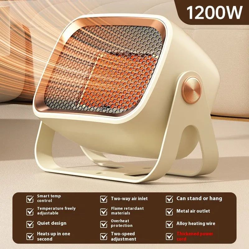 Compact desktop ceramic heater in grey colour with push-button controls