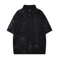 Short-sleeved polo shirt with hollow knit design in black colour showing loose fit