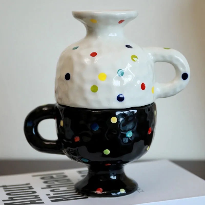 Hand-pinched irregular ceramic mug in solid colour with modern simple style, shown from side angle