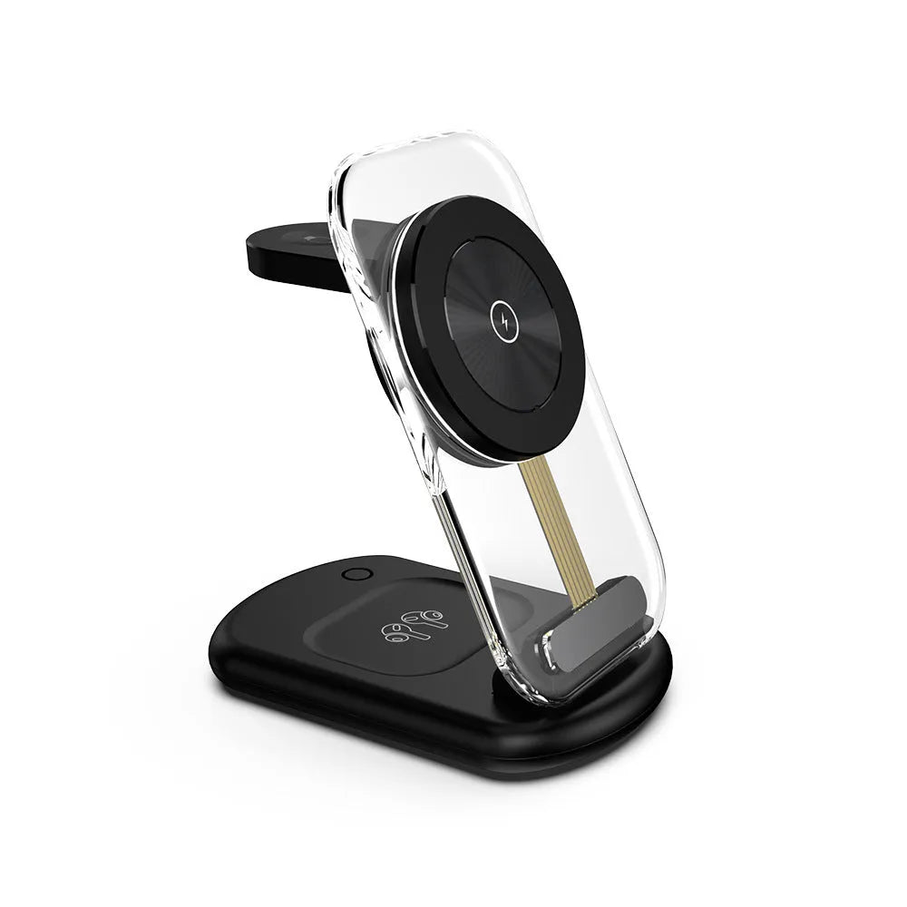 Transparent folding magnetic three-in-one wireless charger for iPhone, AirPods, and Apple Watch