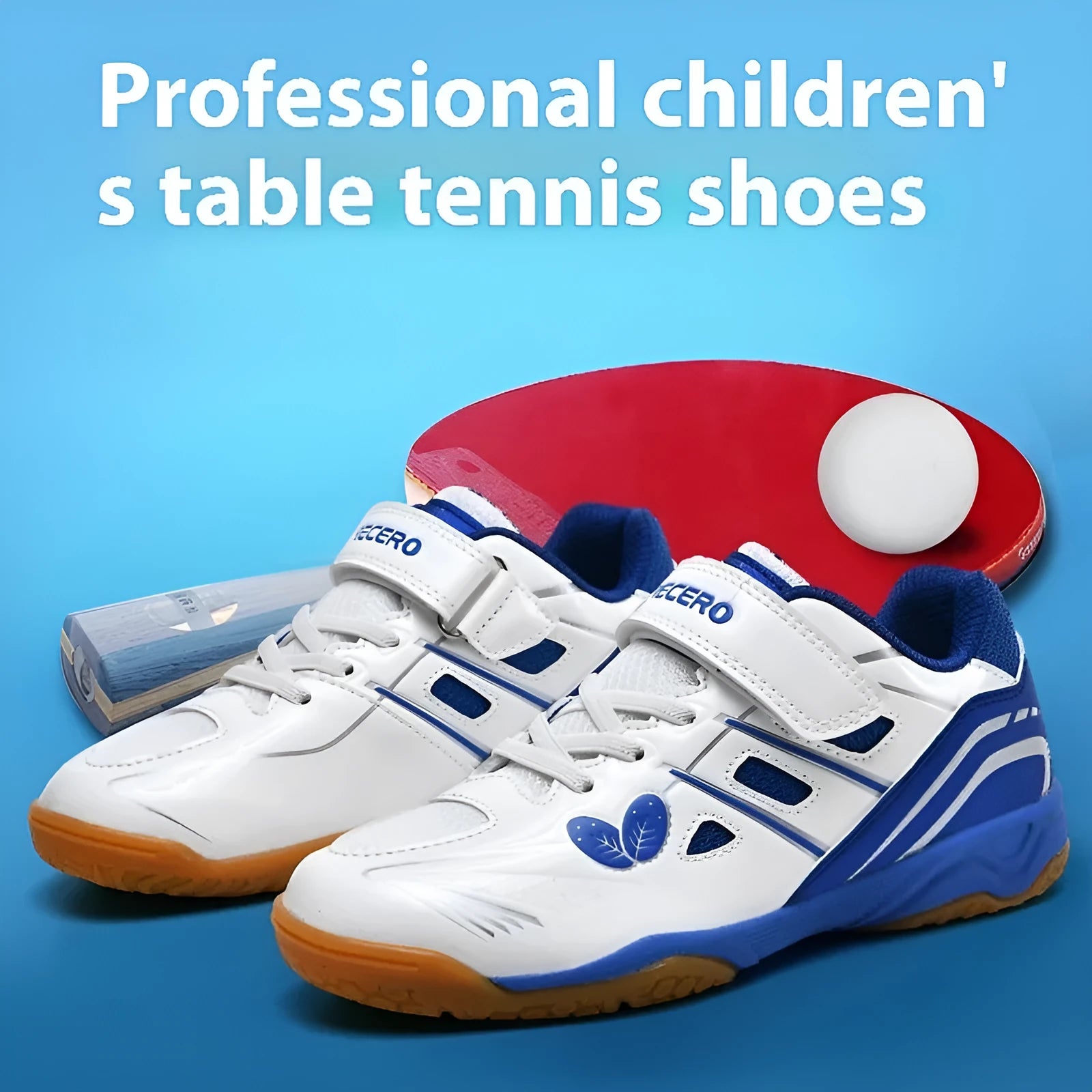 White and blue low top badminton shoes with a ribbed sole and breathable PVC upper.