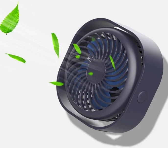 USB desk fan with alarm clock in modern simple style, showing 360-degree rotation feature.