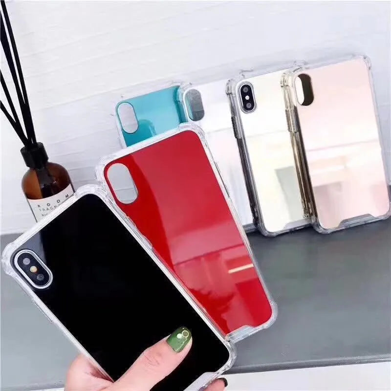 Mirror finish TPU protective case shown on iPhone with colour options displayed.