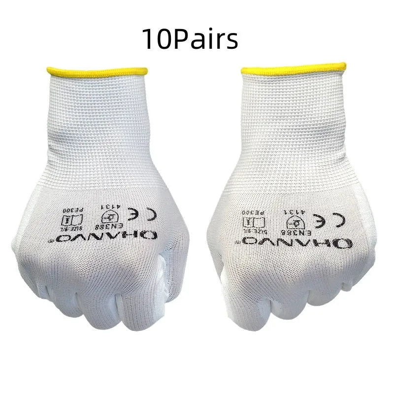 White PU coated labour gloves showing L and M size options with 24cm length measurement