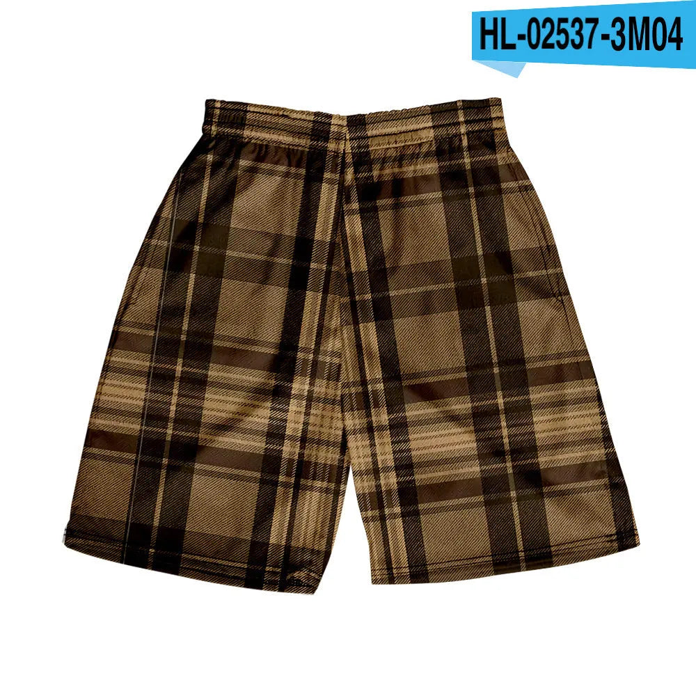 Men's plaid pattern casual shorts with an elastic waistband, shown in a straight-leg style.