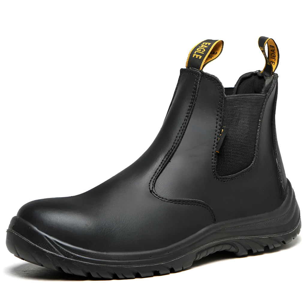 Black high-top leather safety work boots with anti-piercing sole on a work site background.