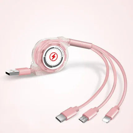Telescopic charging cable extended to 120cm with 3-in-1 connectors in choice of colours