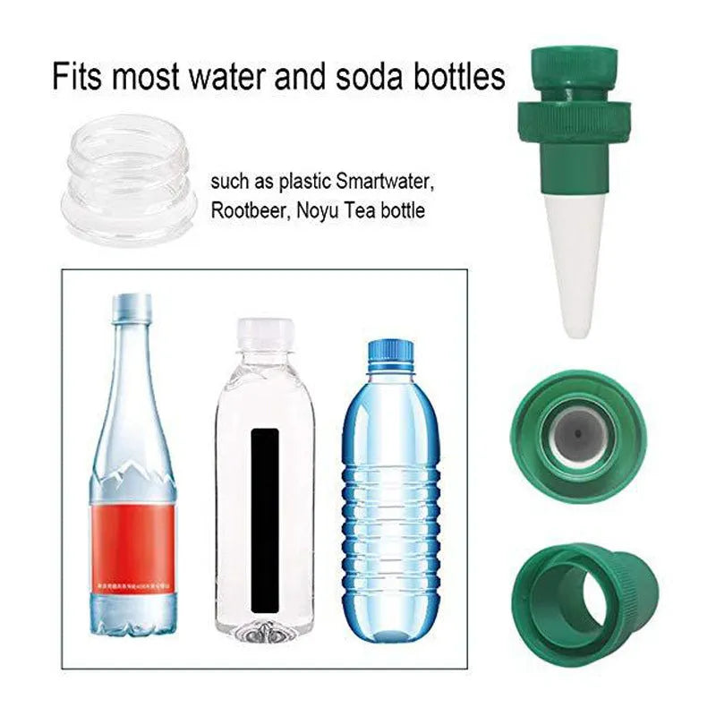 Green ceramic water dripper device for use with a cola bottle for automatic plant watering.