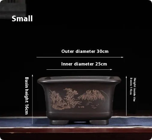 Large Chinese-style antique purple clay flower pot for indoor bonsai trees.