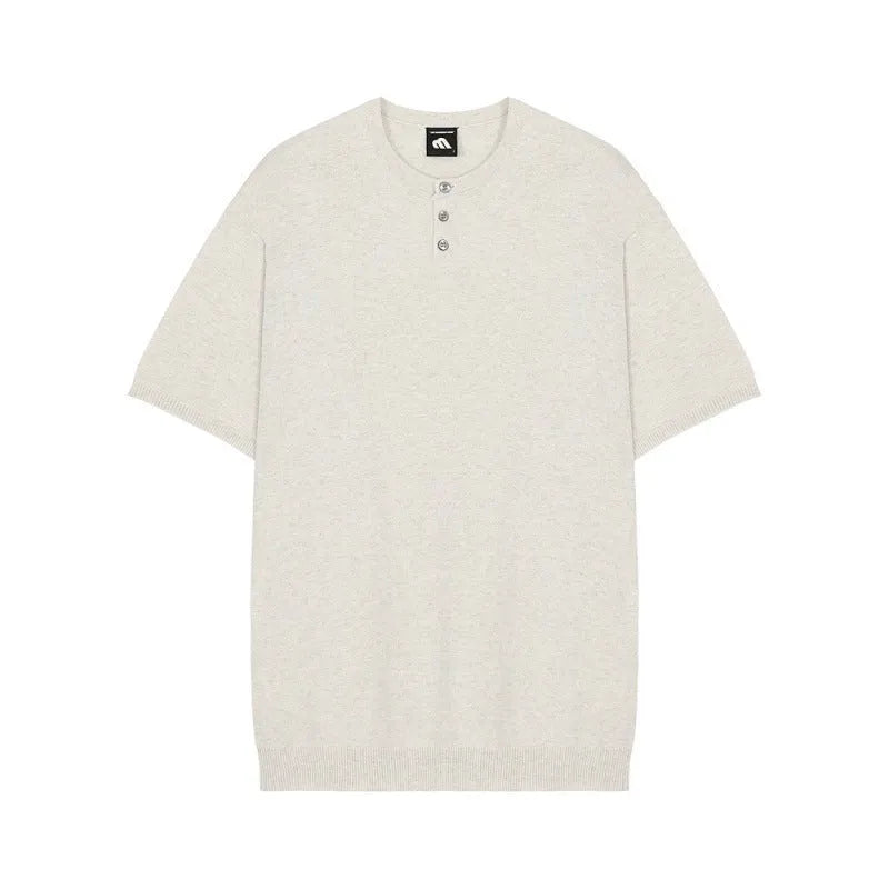 Men's black slim-fit short-sleeved ice silk knitted shirt on a hanger.