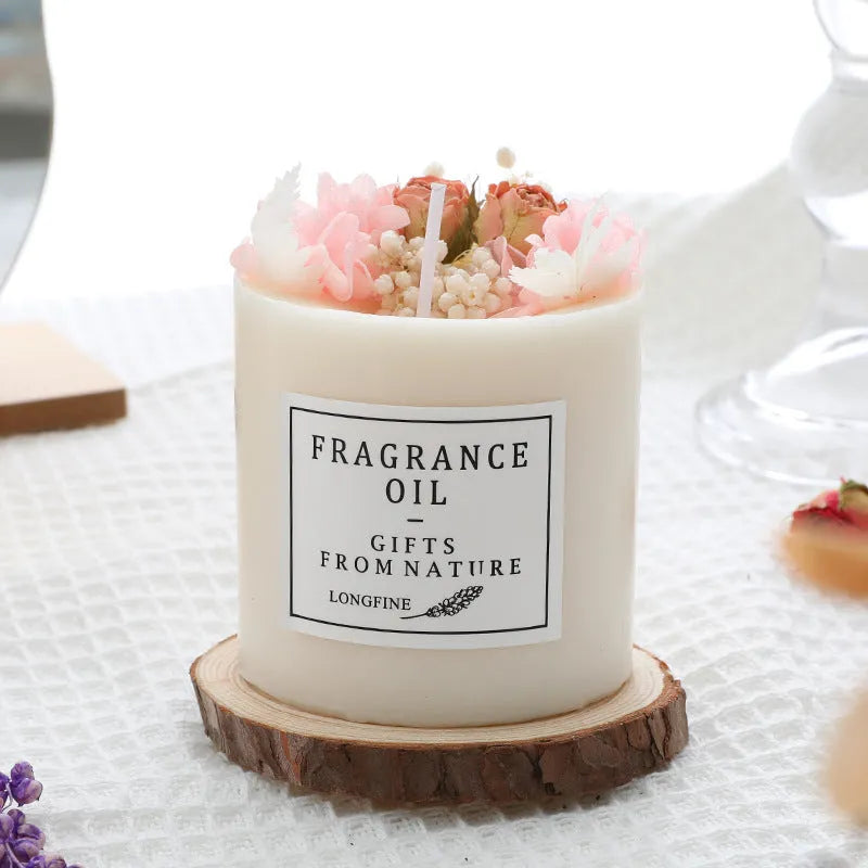 Dried flower decorative aromatherapy candle with nine scent options and wooden chip base