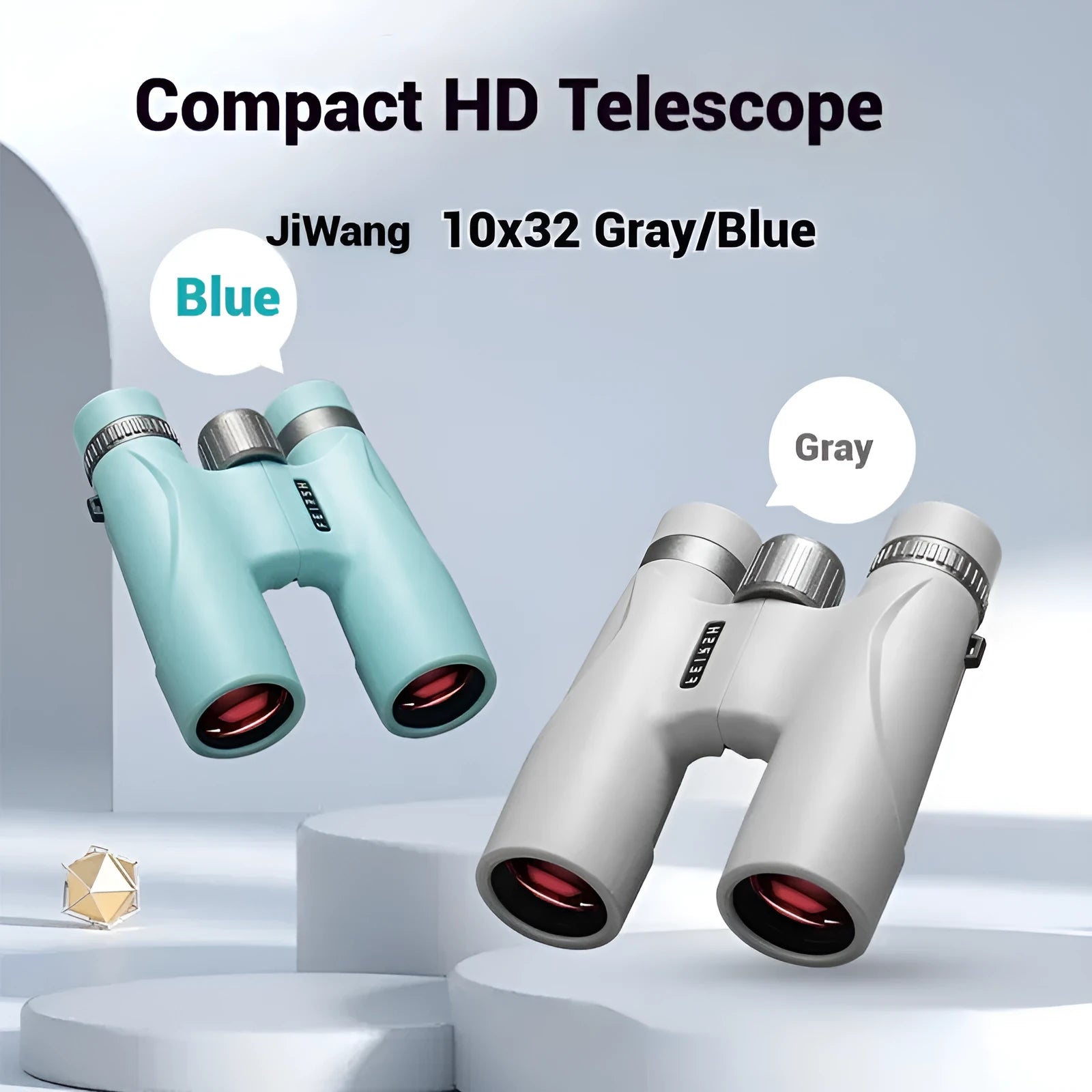 Wine red and grey 10x32 compact plastic binoculars showing eyepieces and objective lenses