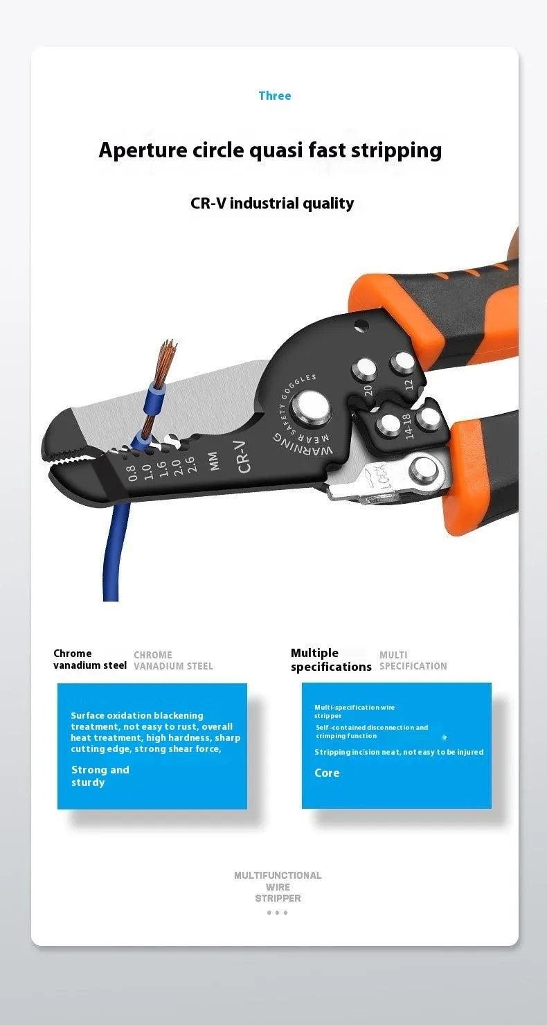 Fully automatic wire stripping pliers with high carbon steel blade and 45 steel body for electricians