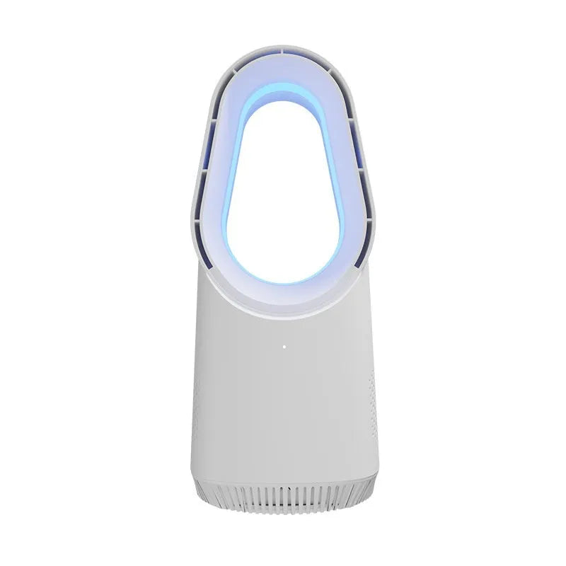 White SK bladeless tower fan with touch screen control panel for home or office desktop cooling