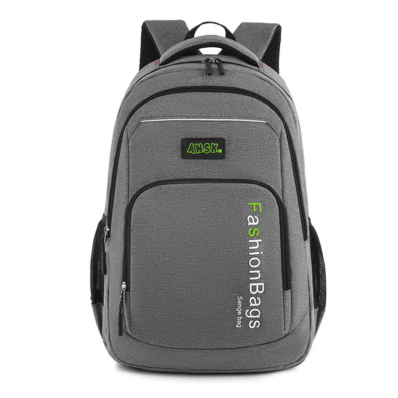 Nylon backpack in four colour options showing multiple compartments including laptop sleeve and breathable shoulder straps