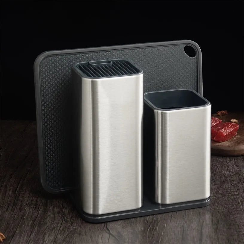 Black stainless steel kitchen tool holder with storage bucket for knives and cutlery organisation