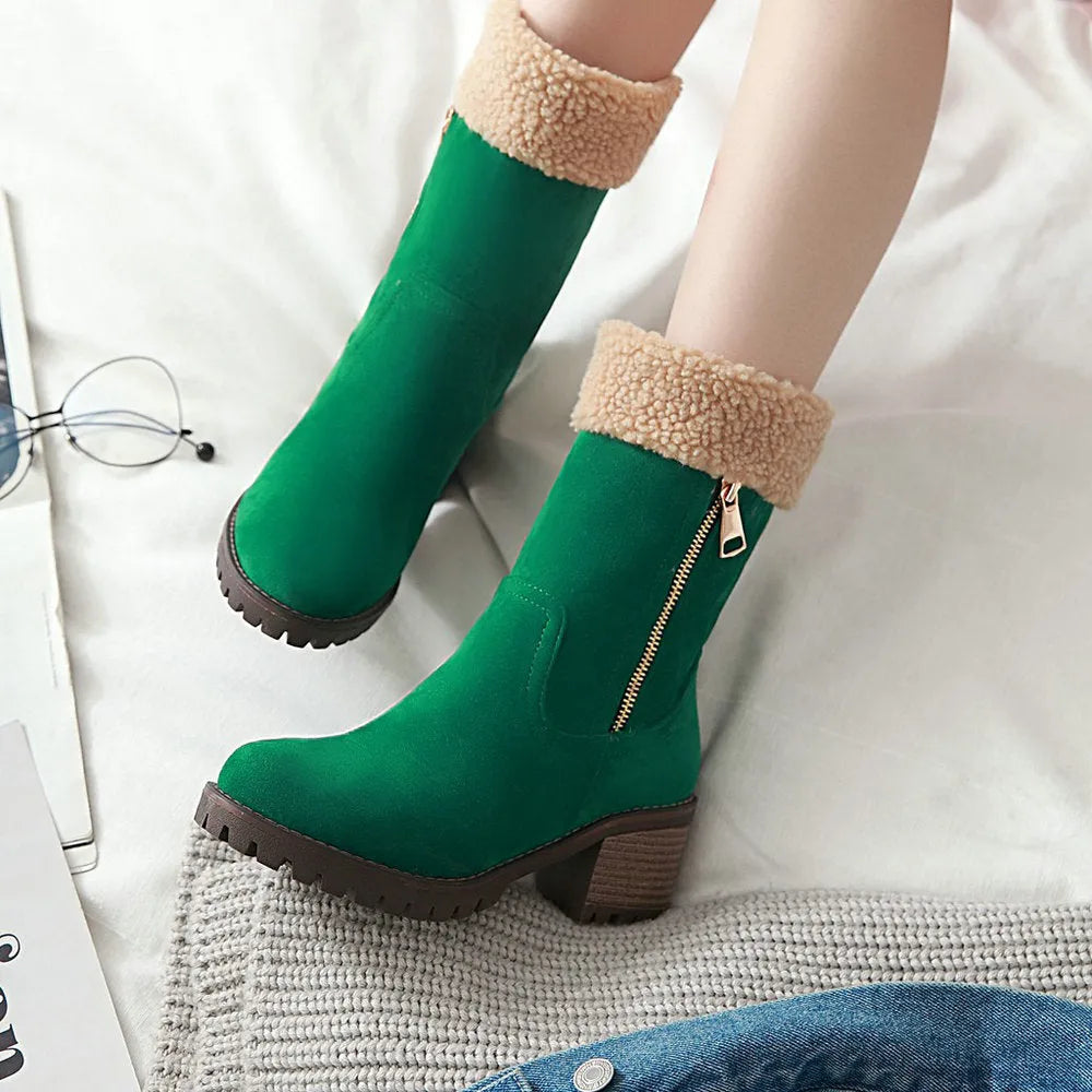 Waterproof snow boots with short plush lining in black, grey, green, or orange.