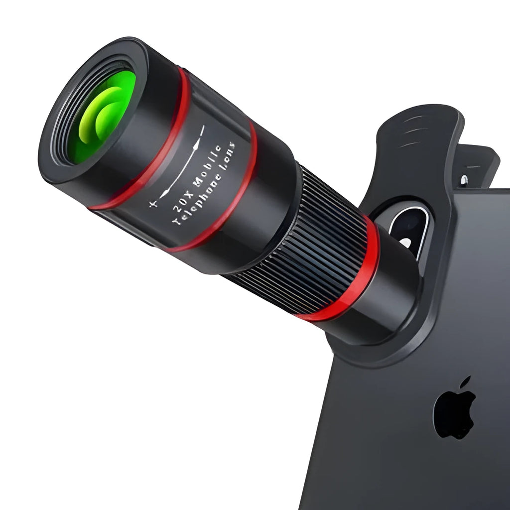 20x magnification smartphone telescope lens with universal mounting clip on a mobile phone.
