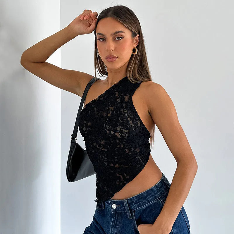 Womans lace backless vest top with asymmetrical sloped neckline in solid colour.