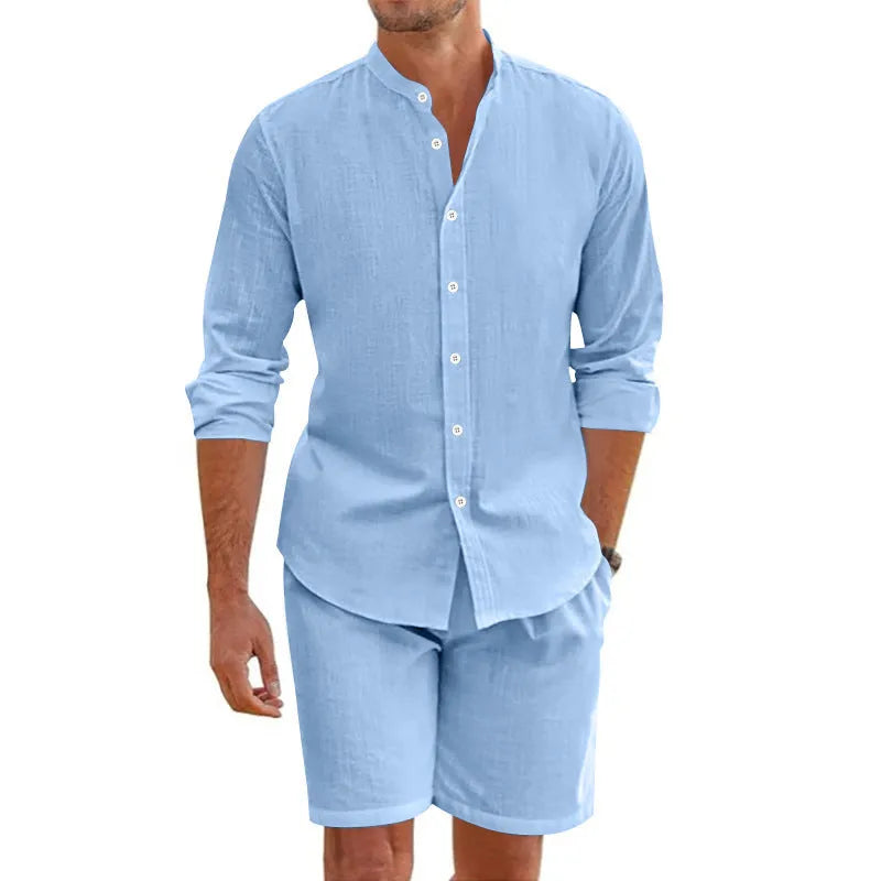 Men's light blue linen blend short sleeve shirt and drawstring shorts summer suit set.