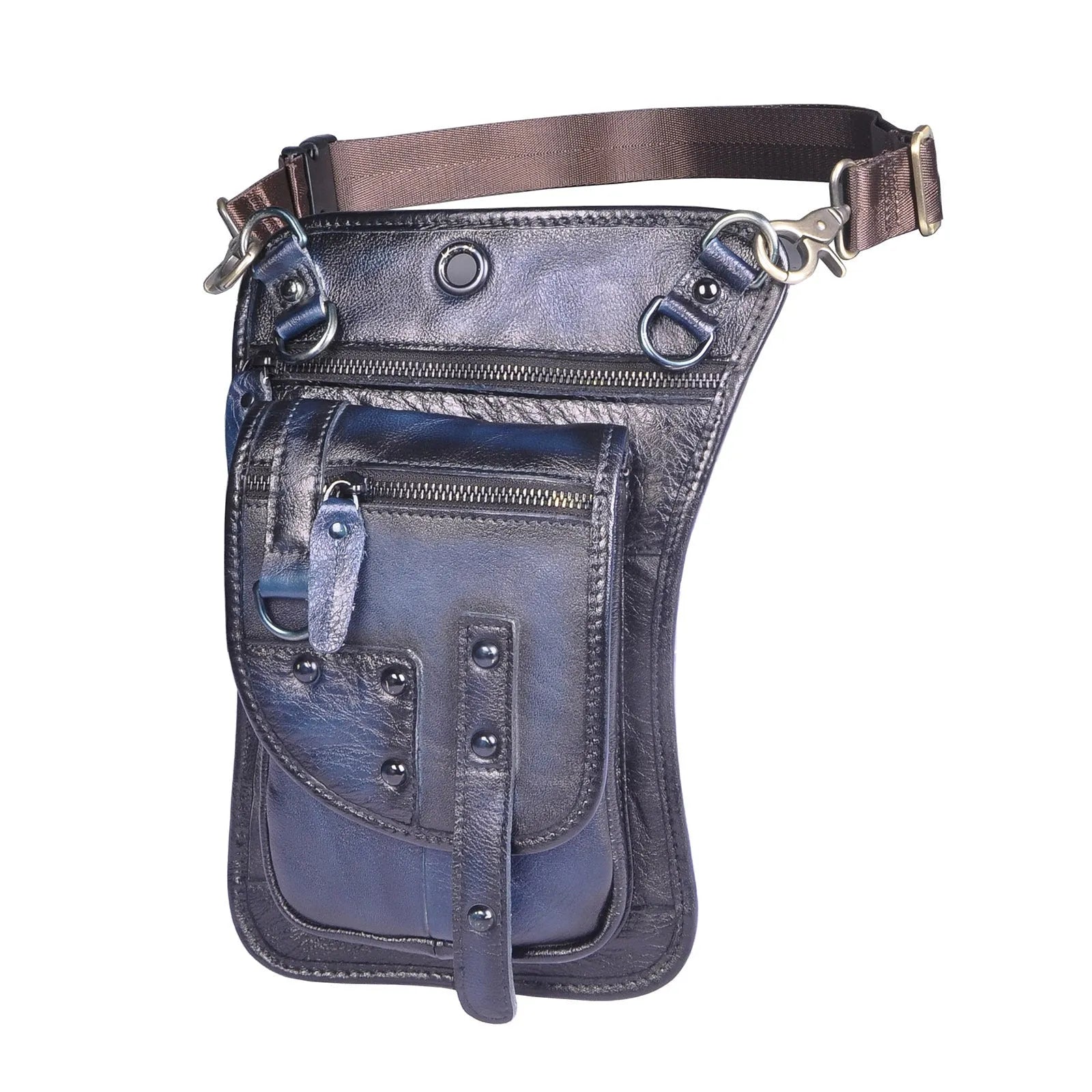 Men's black genuine cowhide leather punk-style fanny pack worn on the waist.