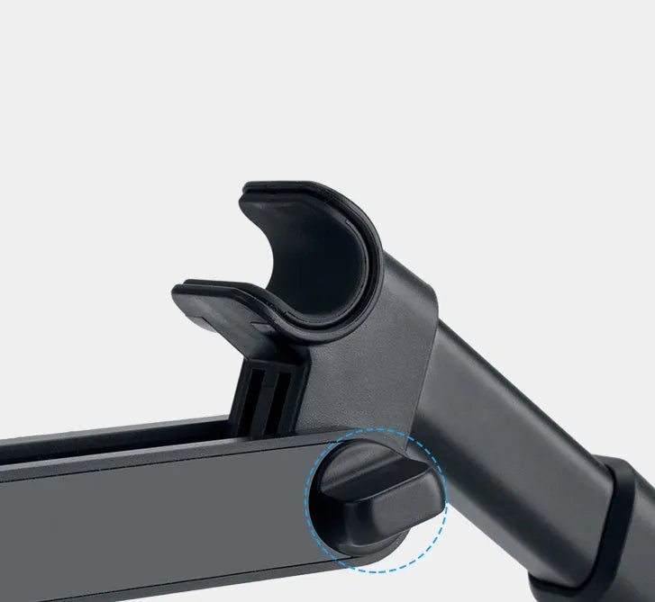 Black car phone holder mounted on vehicle rear seat base holding tablet for navigation