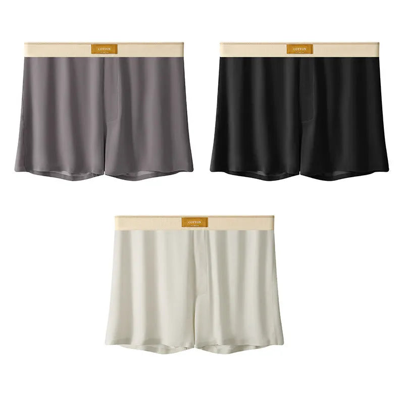 Men's ice silk underwear three-pack showing loose fit and solid colour options