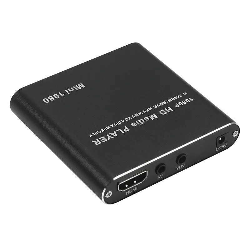 Compact blue and black 1080p Full HD media player with HDMI port and remote control