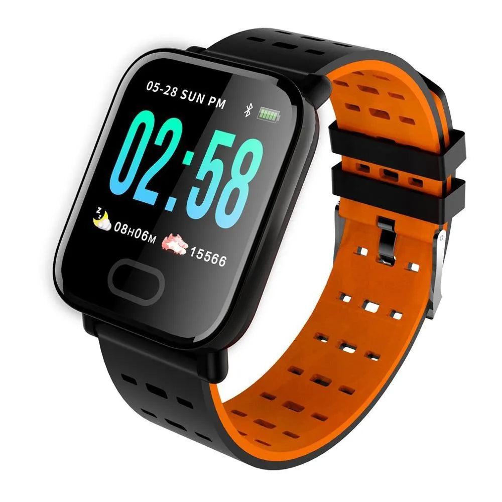 A6 smart bracelet with colour screen and black silicone strap on a wrist.