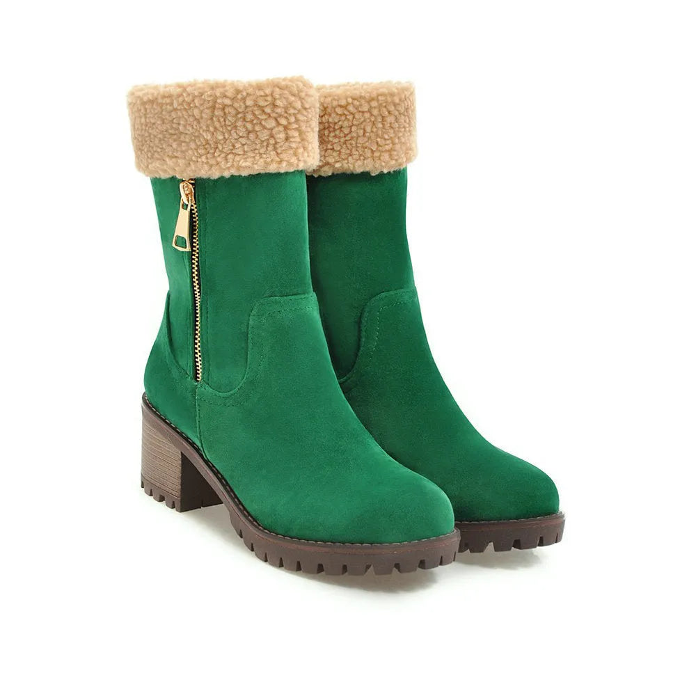 Waterproof snow boots with short plush lining in black, grey, green, or orange.