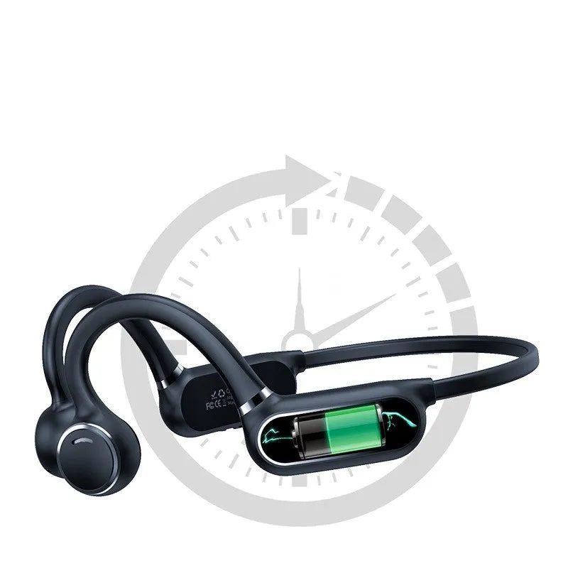 Black air conduction wireless earphones with a titanium alloy hook frame displayed on a white background.