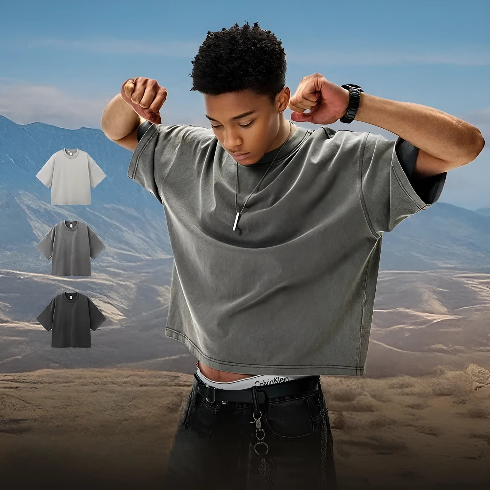 Men's vintage washed cotton T-shirt with loose fit and drop-shoulder sleeves
