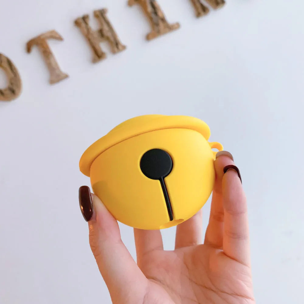 Bright yellow bell-shaped silicone protective case for Apple AirPods 1 and 2 with a carrying hook.