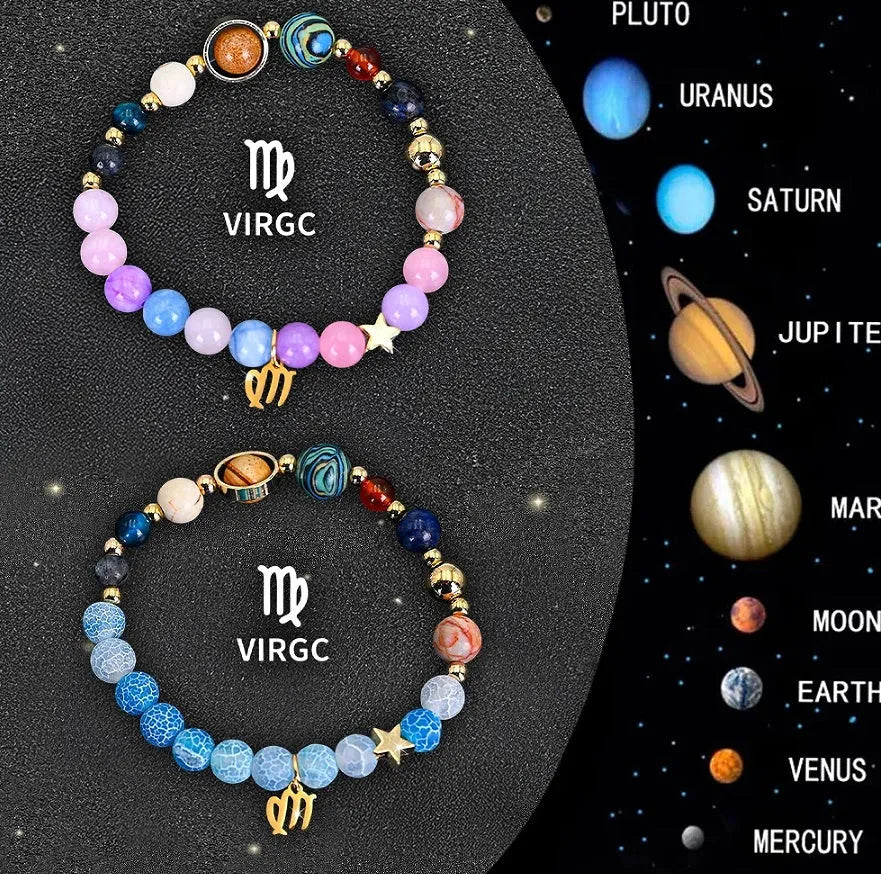 Natural stone beaded bracelets for the twelve zodiac signs laid out in a set.