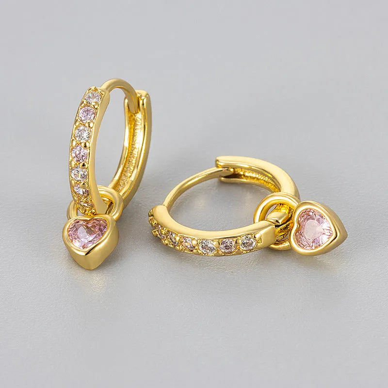 Women's heart drop earrings with coloured gemstone in gold or white gold colour metal