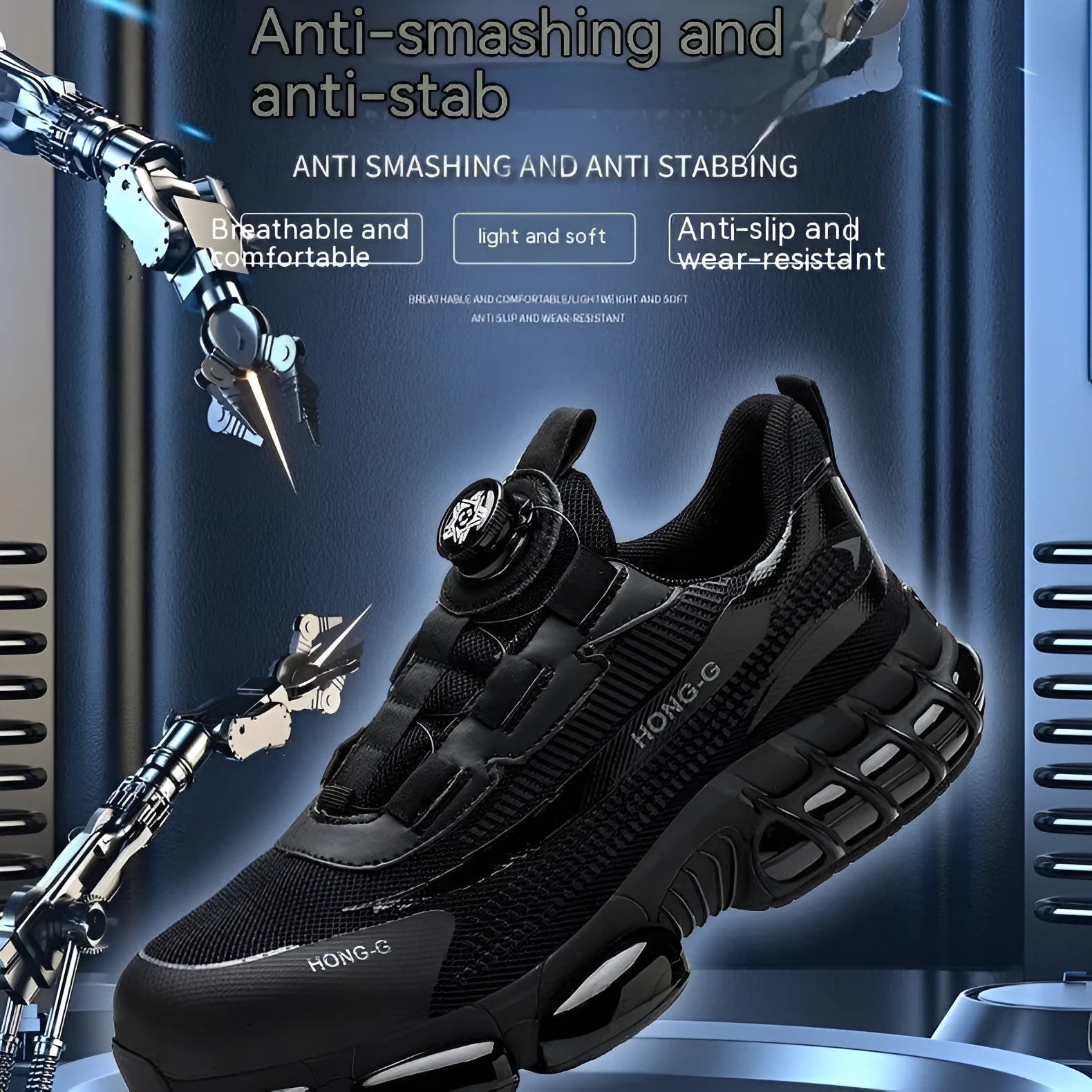 Lightweight black industrial safety shoes with steel toe cap and lace-up front