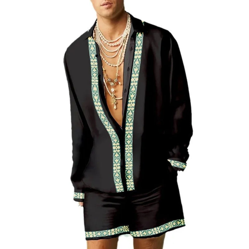 Men's loose fit slim style long sleeve shirt and matching shorts set on a hanger.