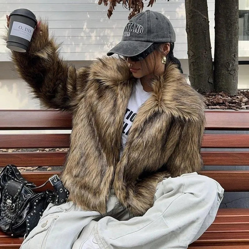 Artificial fox fur fashion coat with fur collar, shown in short length and available in multiple colours.