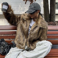 Artificial fox fur fashion coat with fur collar, shown in short length and available in multiple colours.