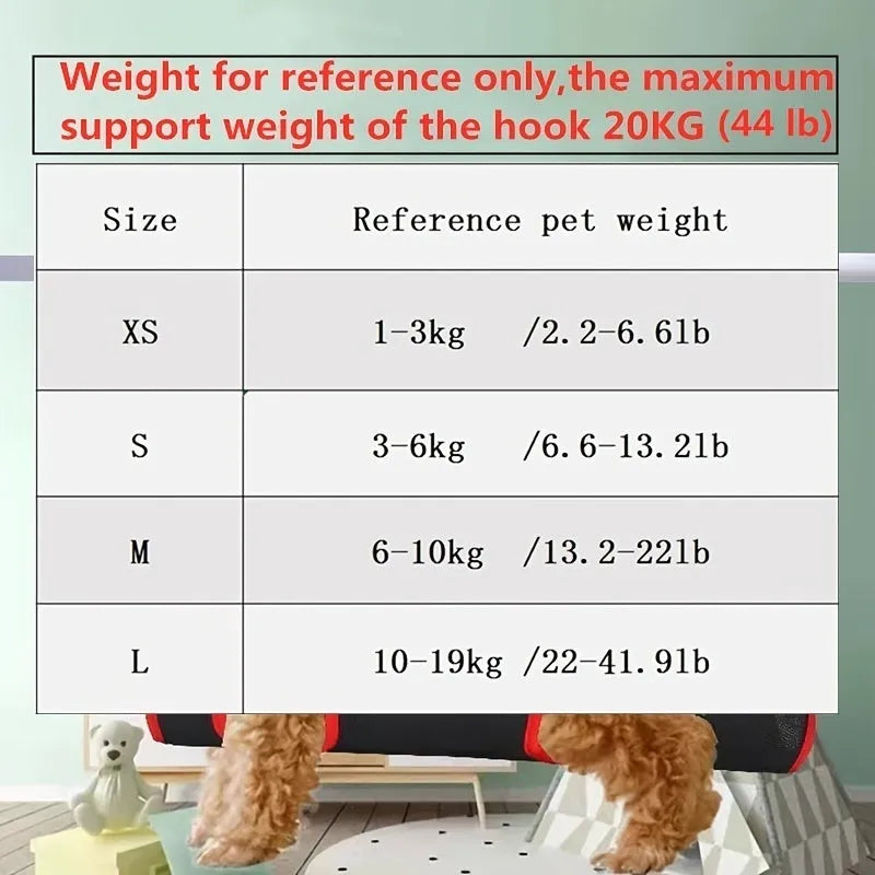 A suspended pet grooming hammock restraint bag in use, showing a small dog being groomed.