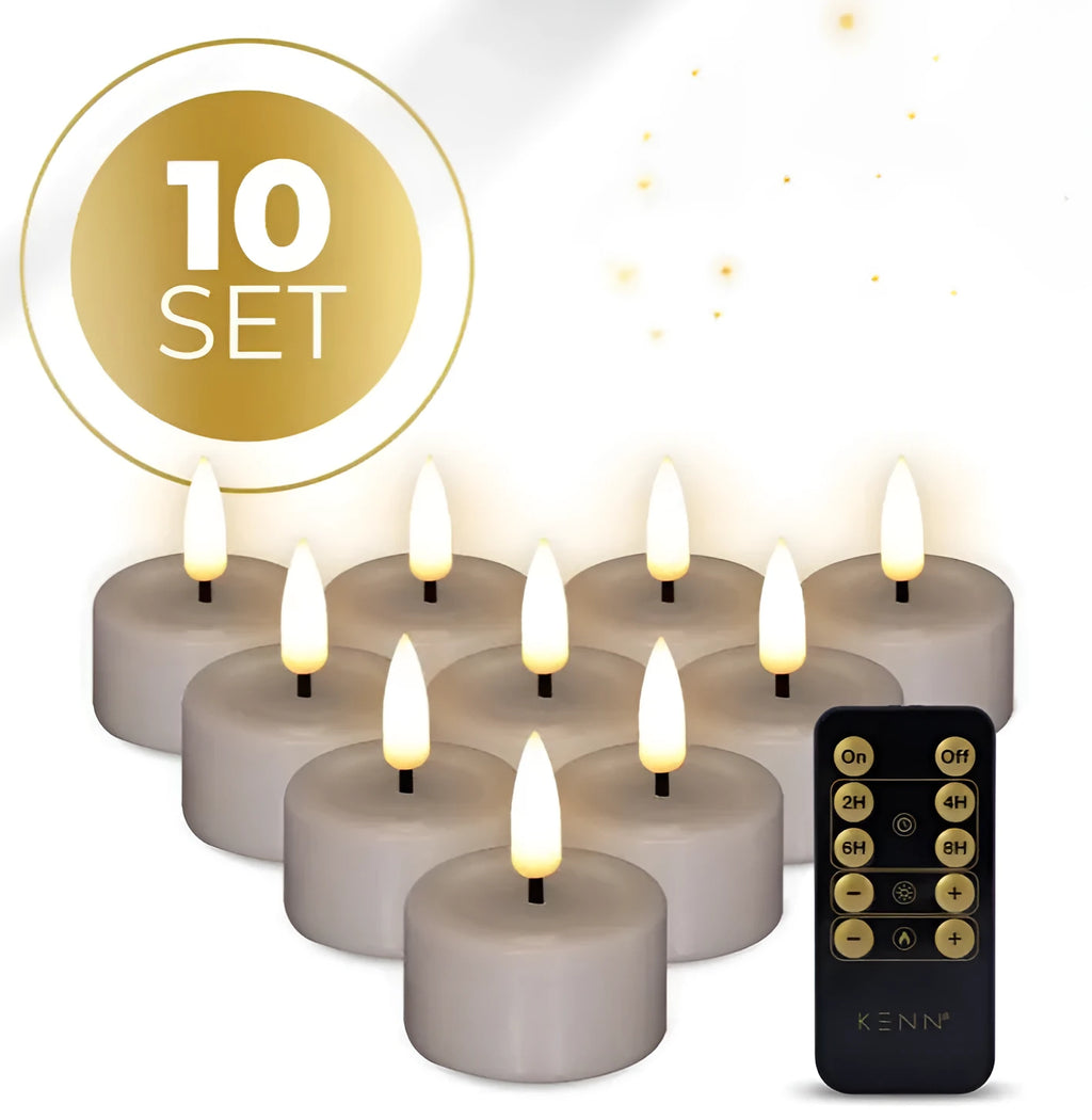 Taupe S10 3D flame LED tealight candles showing realistic flickering effect, pack of four