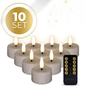 Taupe S10 3D flame LED tealight candles showing realistic flickering effect, pack of four