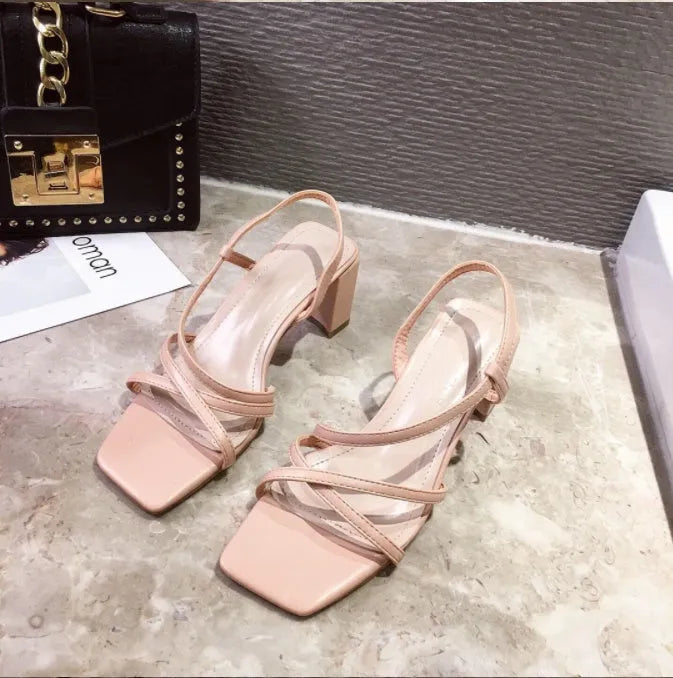 Women's thick heel sandals with super high heels over 8cm in apricot colour showing one-strap mule design