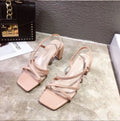 Women's thick heel sandals with super high heels over 8cm in apricot colour showing one-strap mule design