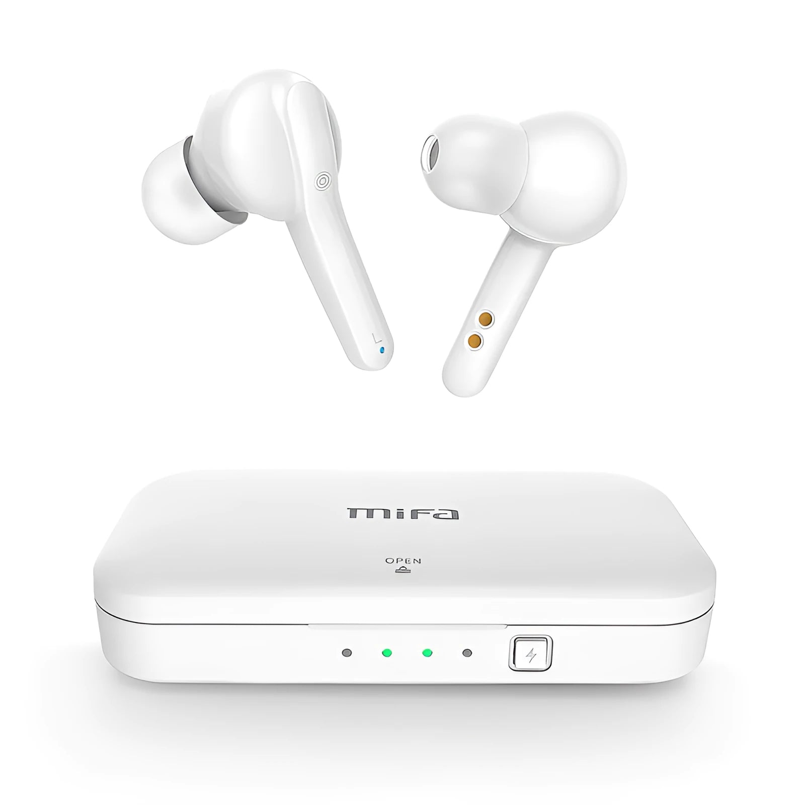 Black and white True Wireless Stereo Bluetooth 5.0 earbuds with IPX5 waterproof rating.