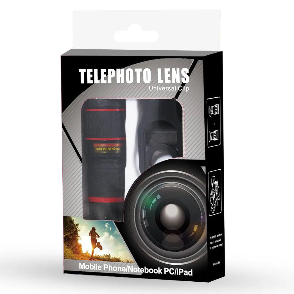 20x magnification smartphone telescope lens with universal mounting clip on a mobile phone.