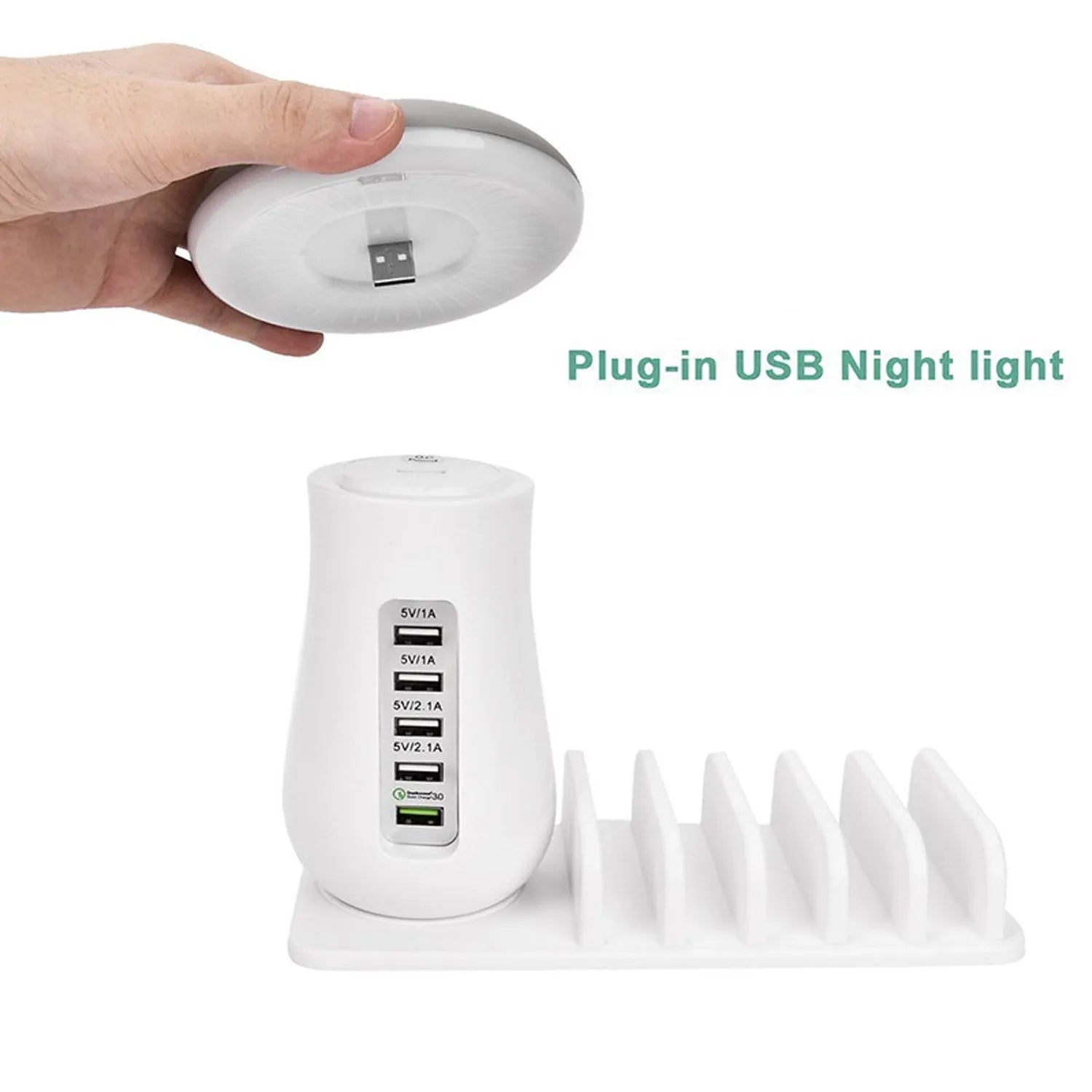 White mushroom-shaped USB charging dock station with five ports and a built-in LED night lamp on a desk.