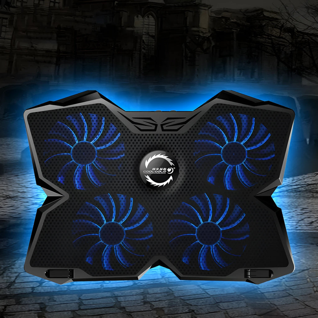 Blue computer cooling base with four LED fans and USB ports for desktop temperature management