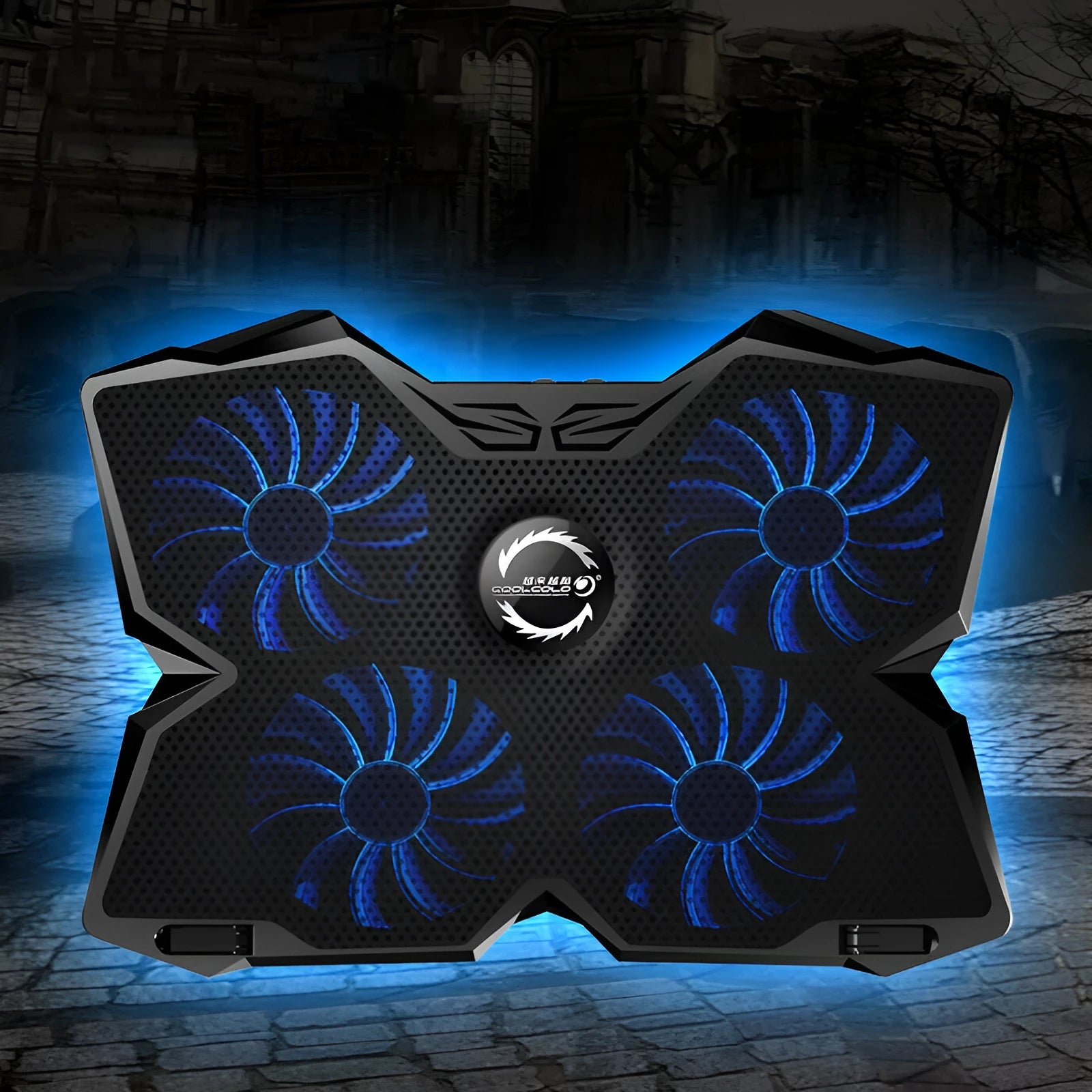 Blue computer cooling base with four LED fans and USB ports for desktop temperature management