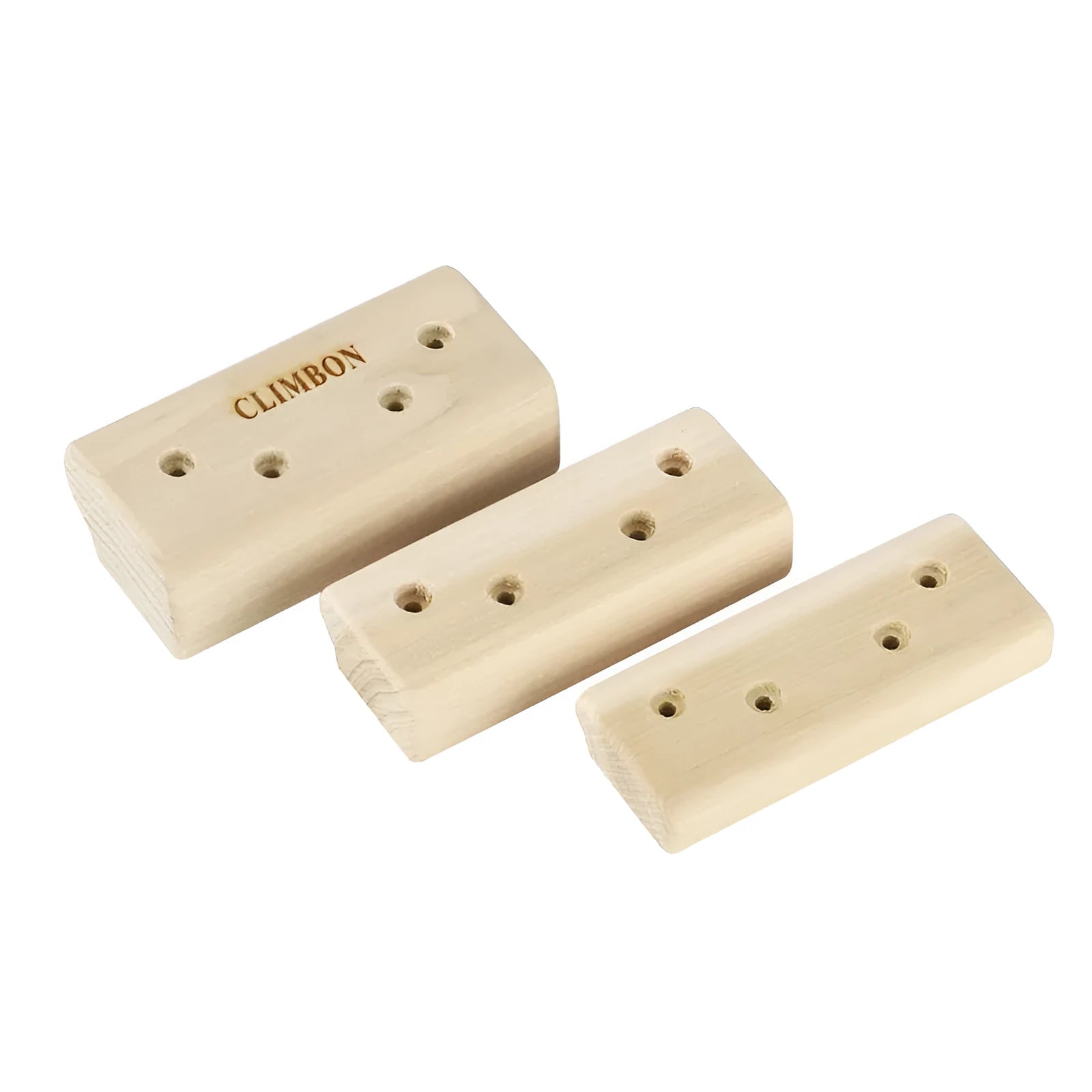 Three wooden grip training finger boards in different sizes for pull-up and climbing strength workouts